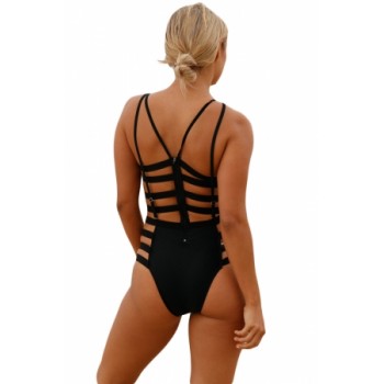 Black Strappy Cutout One Piece Bathing Suit Red